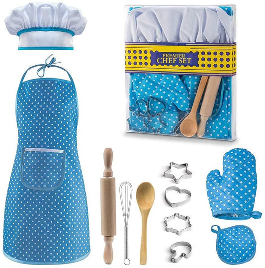 Kids Cooking Set, 11 Piece Chef Role Play Baking Kit for Ages 3-8, Apron, Chef Hat, Oven Mitt, Utensils & Cookie Cutters, Pretend Kitchen Toy Gift, Blue